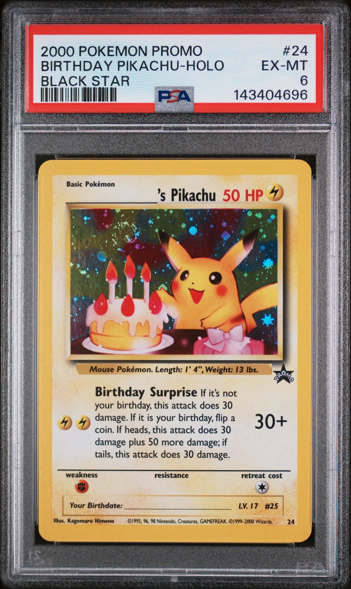 2000 POKEMON PROMO BLACK STAR #24 BIRTHDAY PIKACHU-HOLO BLACK STAR - EX-MT 6 - Pokemon 2000 POKEMON PROMO BLACK STAR #24 BIRTHDAY PIKACHU-HOLO BLACK STAR - EX-MT 6 - Pokemon