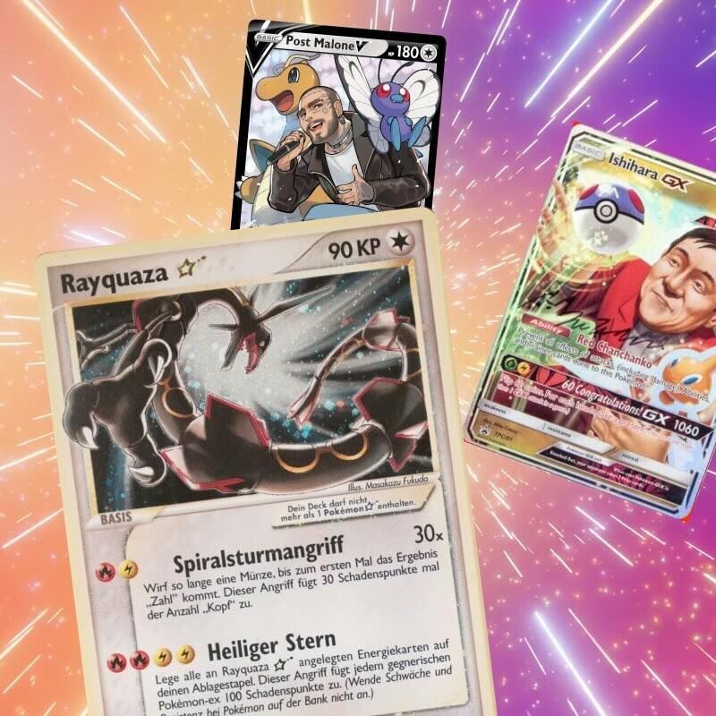 Seltene Pokémon-Karten: Was ist die seltenste Karte der Welt? Rayquaza-Goldstern-Karte neben den seltenen Sonderkarten Post Malone V und Ishihara GX vor buntem Hintergrund