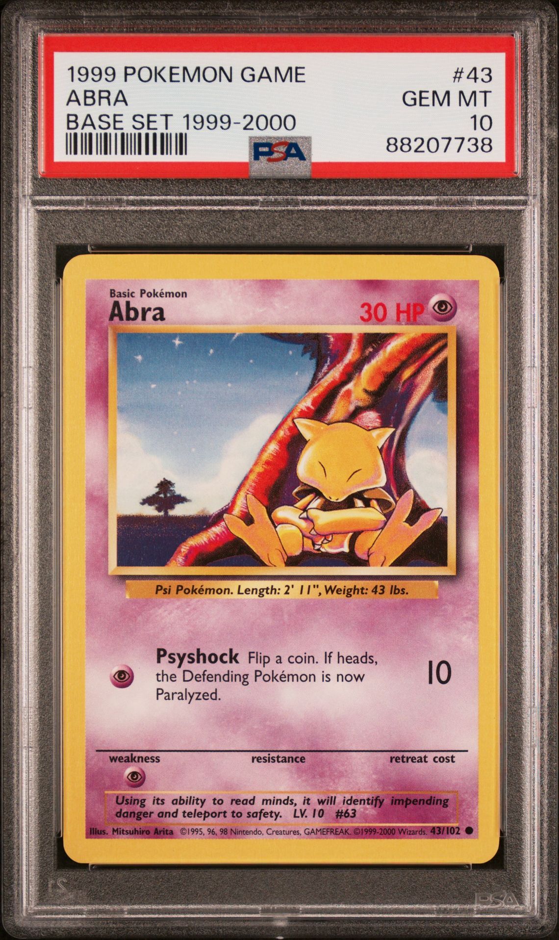 1999 POKEMON GAME 43 ABRA BASE SET 1999-2000 - PSA 10 GEM-MT - Pokémon 1999 POKEMON GAME 43 ABRA BASE SET 1999-2000 - PSA 10 GEM-MT - Pokémon