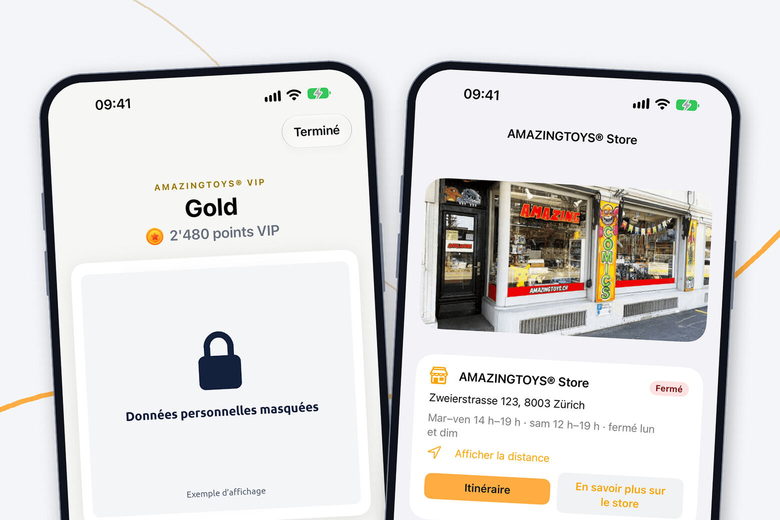 Deux iPhone avec l'app AMAZINGTOYS® : à gauche la carte VIP en exemple avec le solde de points, données personnelles masquées, à droite l'onglet Store avec horaires et itinéraire