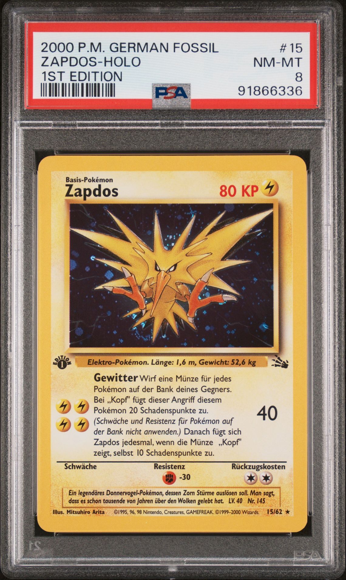 2000 POKEMON GERMAN FOSSIL 15 ZAPDOS-HOLO 1ST EDITION - PSA 8 NM-MT - Pokémon