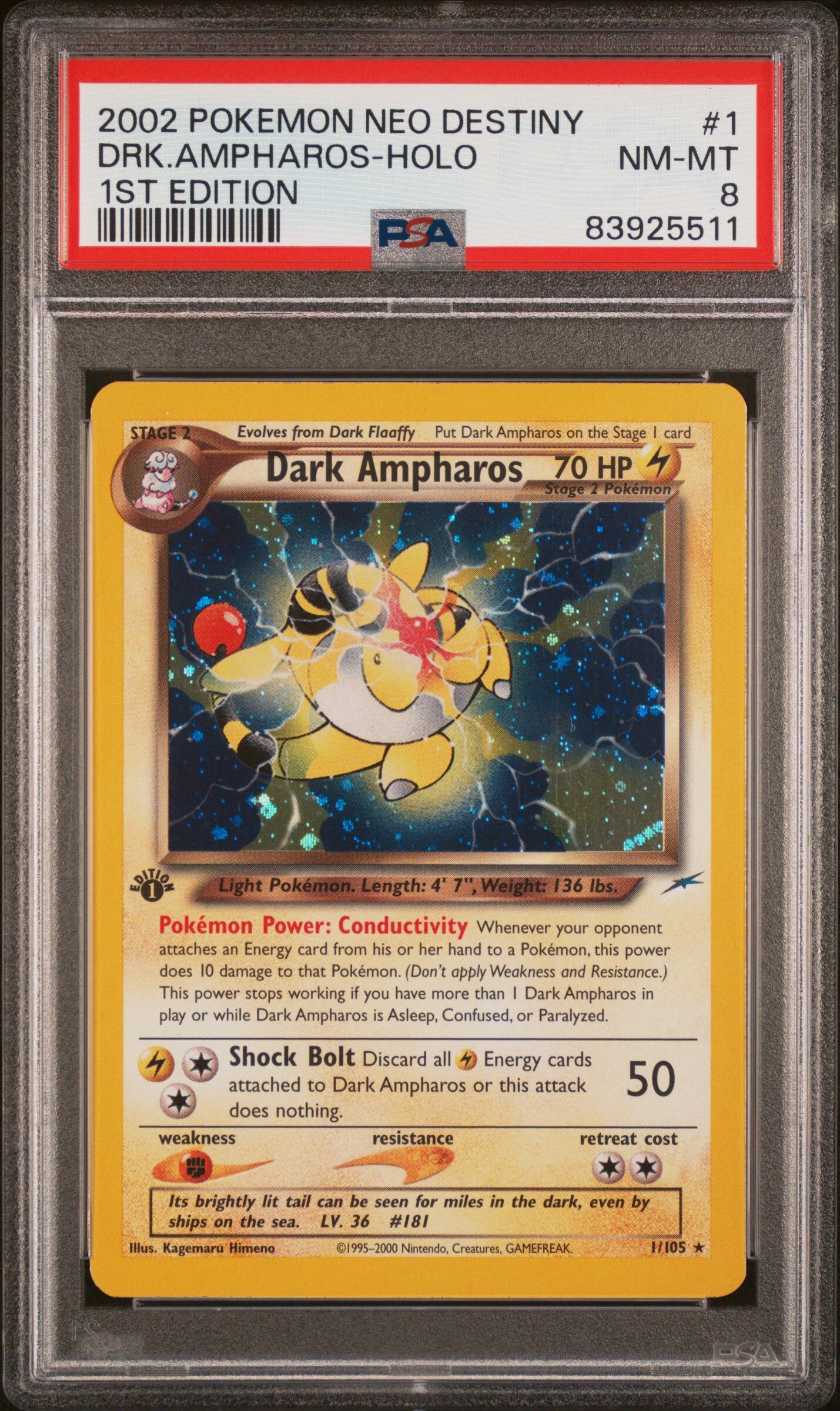 Dark Ampharos 1/105 - Neo Destiny - 1st Edition - Holo Rare - PSA 8 NM-MT - Pokémon