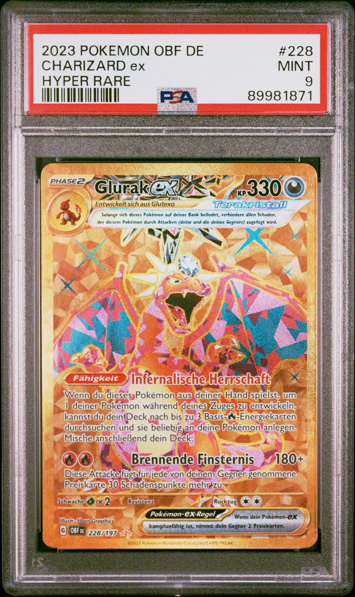 2023 POKEMON GERMAN OBF DE-OBSIDIAN FLAMES 228 CHARIZARD EX HYPER RARE - PSA 9 MINT - Pokémon 2023 POKEMON GERMAN OBF DE-OBSIDIAN FLAMES 228 CHARIZARD EX HYPER RARE - PSA 9 MINT - Pokémon