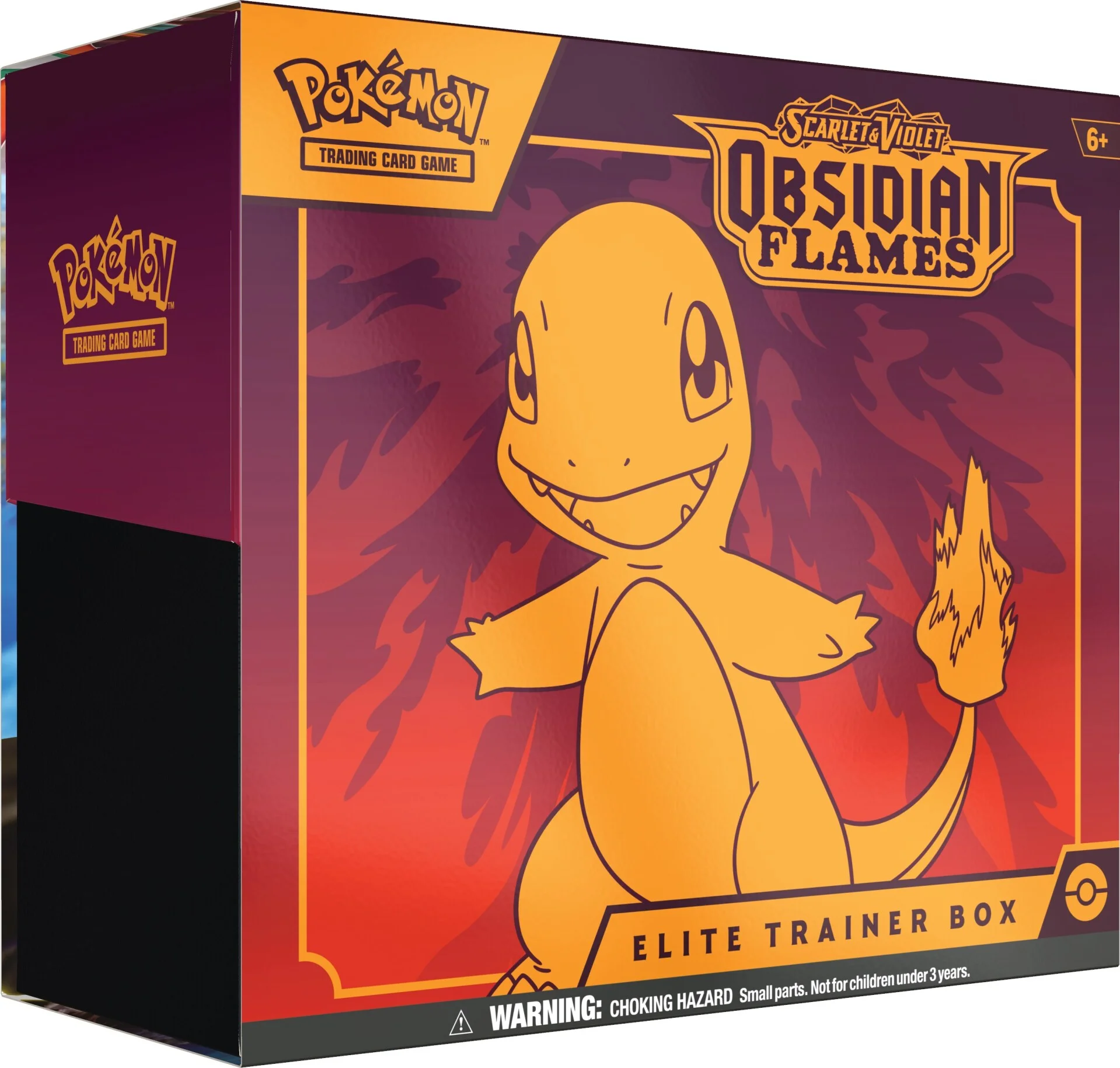 Entdecke Scarlet & Violet: Obsidian Flames – das spektakuläre Pokémon-Set im August Elite Trainer Box des Pokémon-Sets Karmesin und Purpur Obsidian Flames mit Glumanda auf der Verpackung