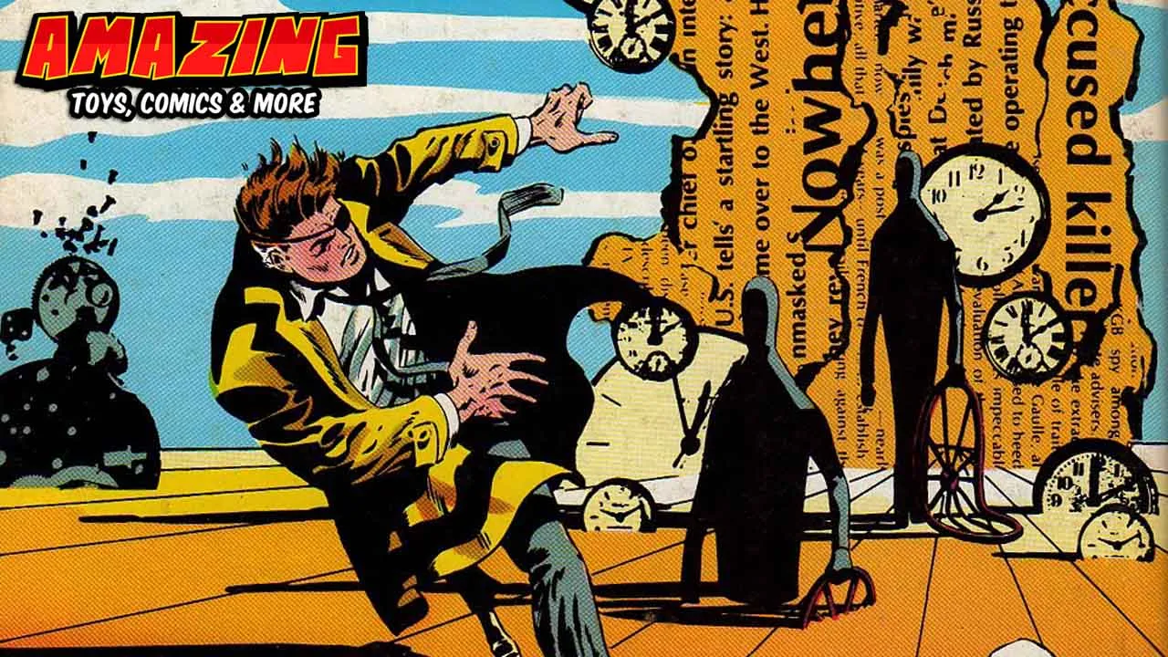Comicpanel im Stil des Silver Age: Mann im gelben Anzug weicht zwischen Uhren und Zeitungsausschnitten zurück