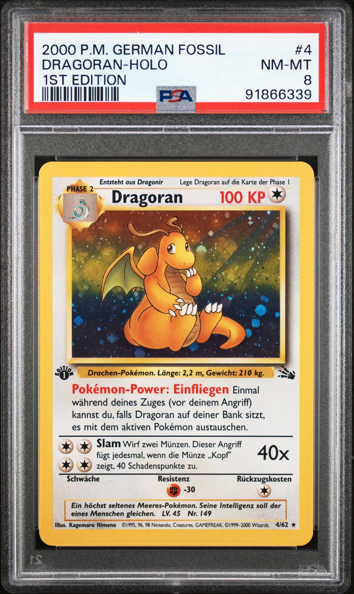 2000 POKEMON GERMAN FOSSIL 4 DRAGORAN-HOLO 1ST EDITION - PSA 8 NM-MT - Pokémon 2000 POKEMON GERMAN FOSSIL 4 DRAGORAN-HOLO 1ST EDITION - PSA 8 NM-MT - Pokémon