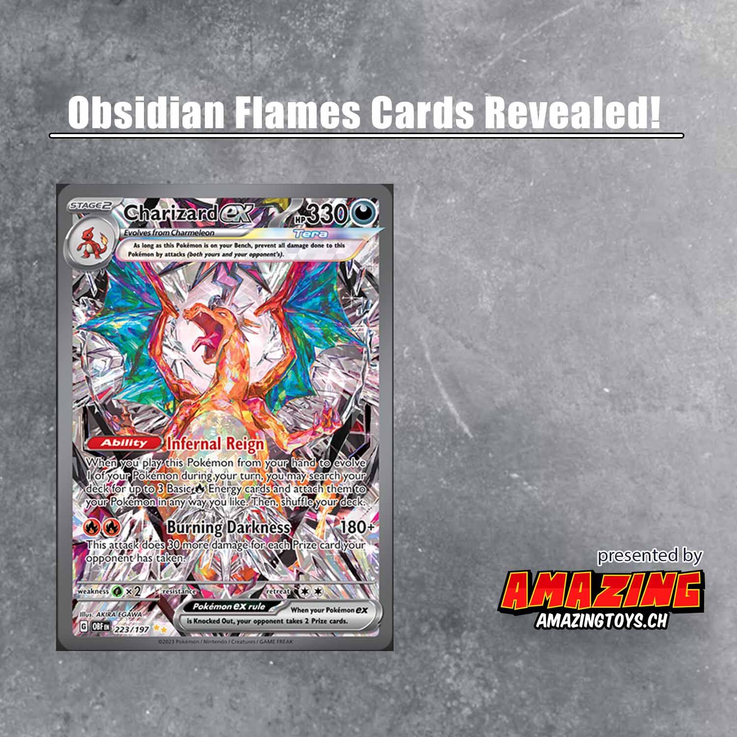 Charizard ex Special Illustration Rare und weitere „Obsidian Flames“-Karten enthüllt! Charizard ex Special Illustration Rare aus dem Pokémon-Set Obsidian Flames auf grauem Steinhintergrund