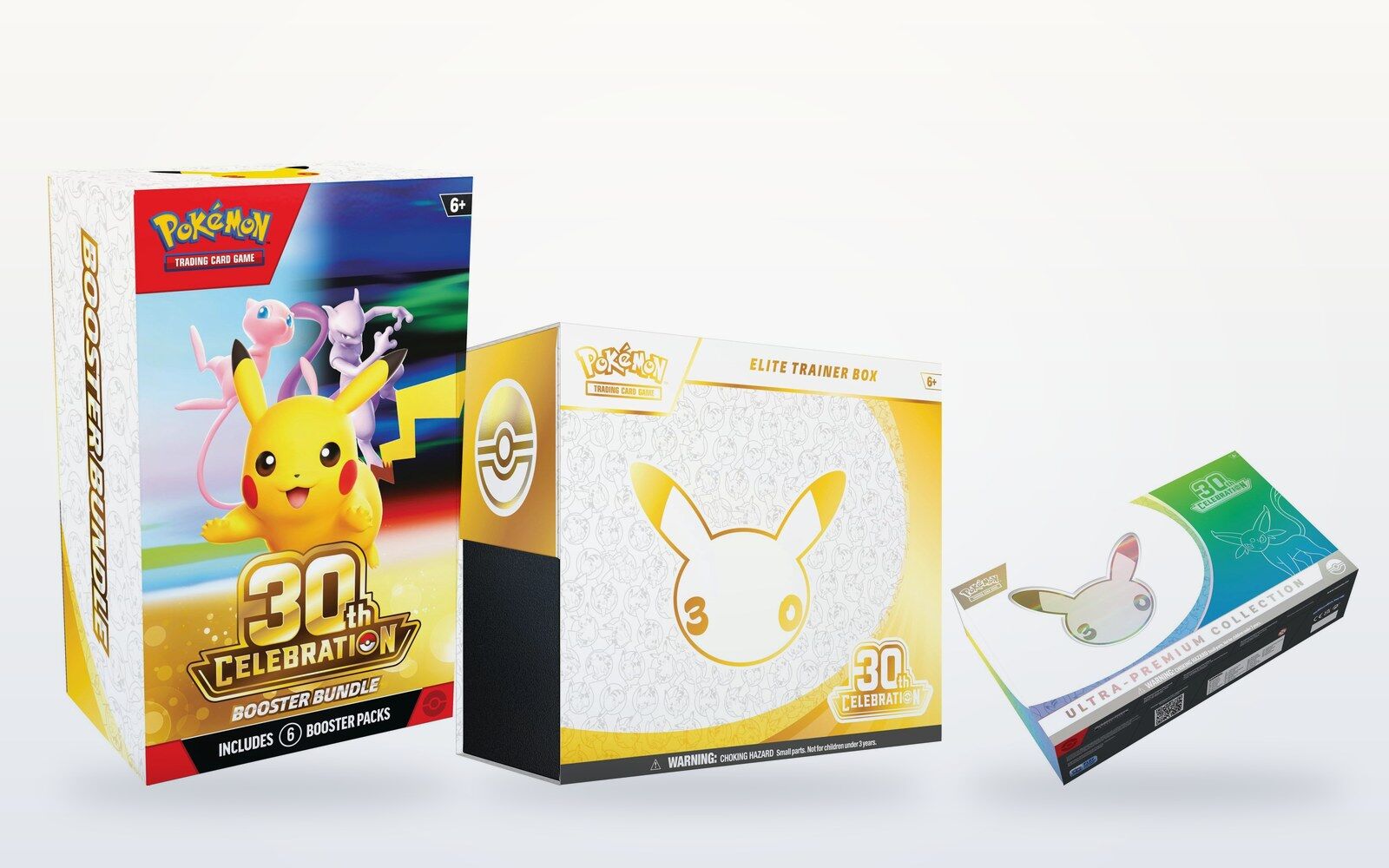 Collage aus Booster Bundle, Elite Trainer Box und Ultra-Premium Collection Day von Pokémon TCG 30th Celebration