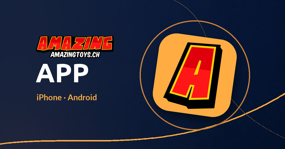 Logo AMAZINGTOYS® con una grande icona dell'app (A su arancione), la parola APP e la scritta iPhone · Android su blu notte