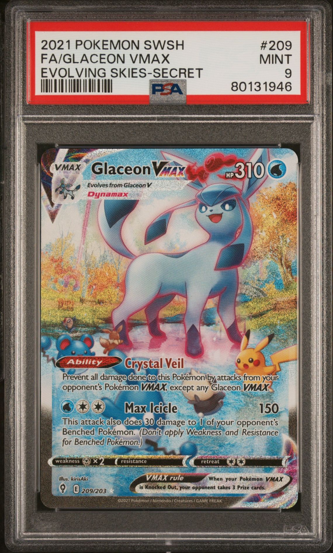 2021 POKEMON SWORD & SHIELD EVOLVING SKIES 209 FULL ART/GLACEON VMAX SECRET - PSA 9 MINT 2021 POKEMON SWORD & SHIELD EVOLVING SKIES 209 FULL ART/GLACEON VMAX SECRET - PSA 9 MINT