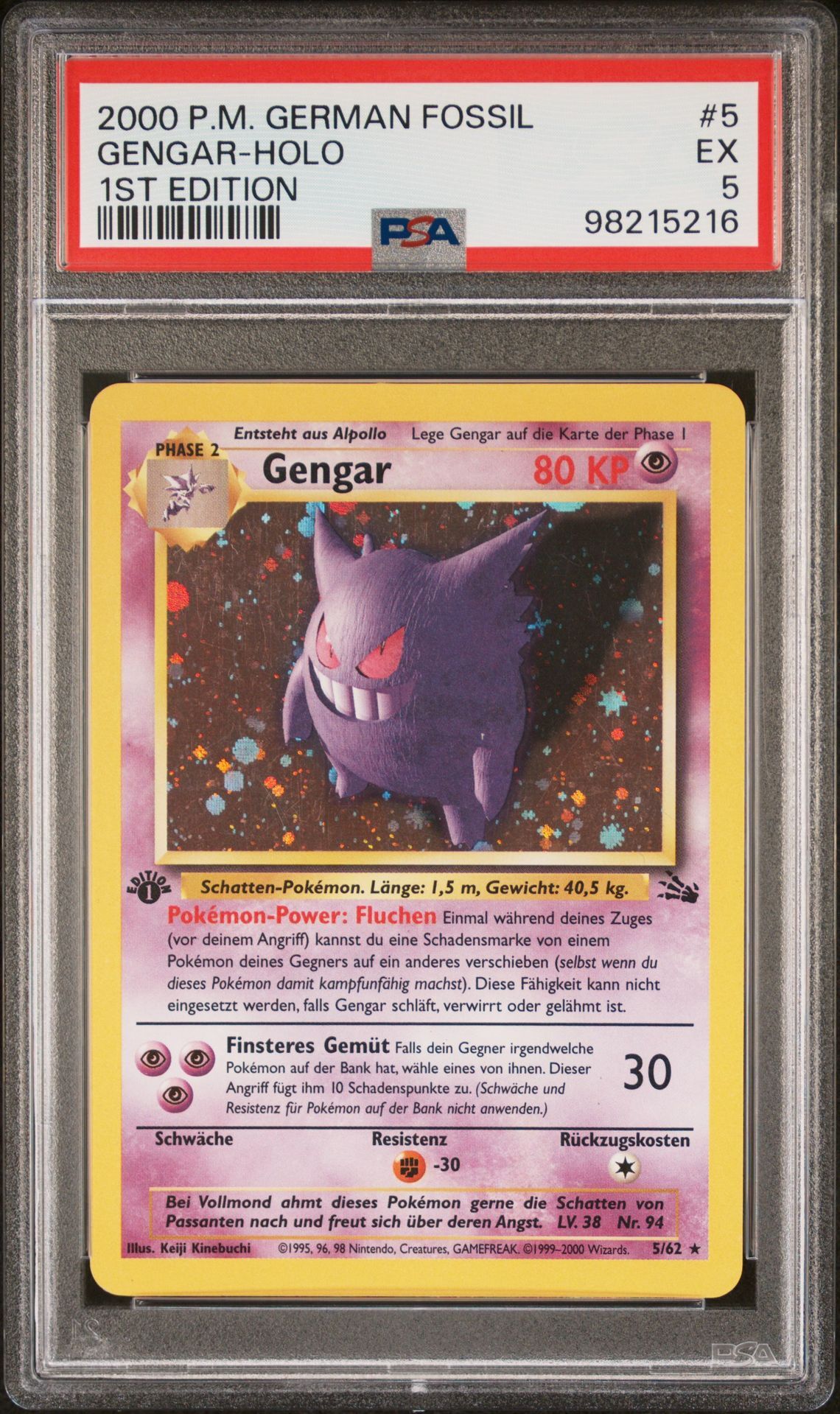 2000 POKEMON GERMAN FOSSIL 5 GENGAR-HOLO 1ST EDITION - PSA 5 EX - Pokémon 2000 POKEMON GERMAN FOSSIL 5 GENGAR-HOLO 1ST EDITION - PSA 5 EX - Pokémon