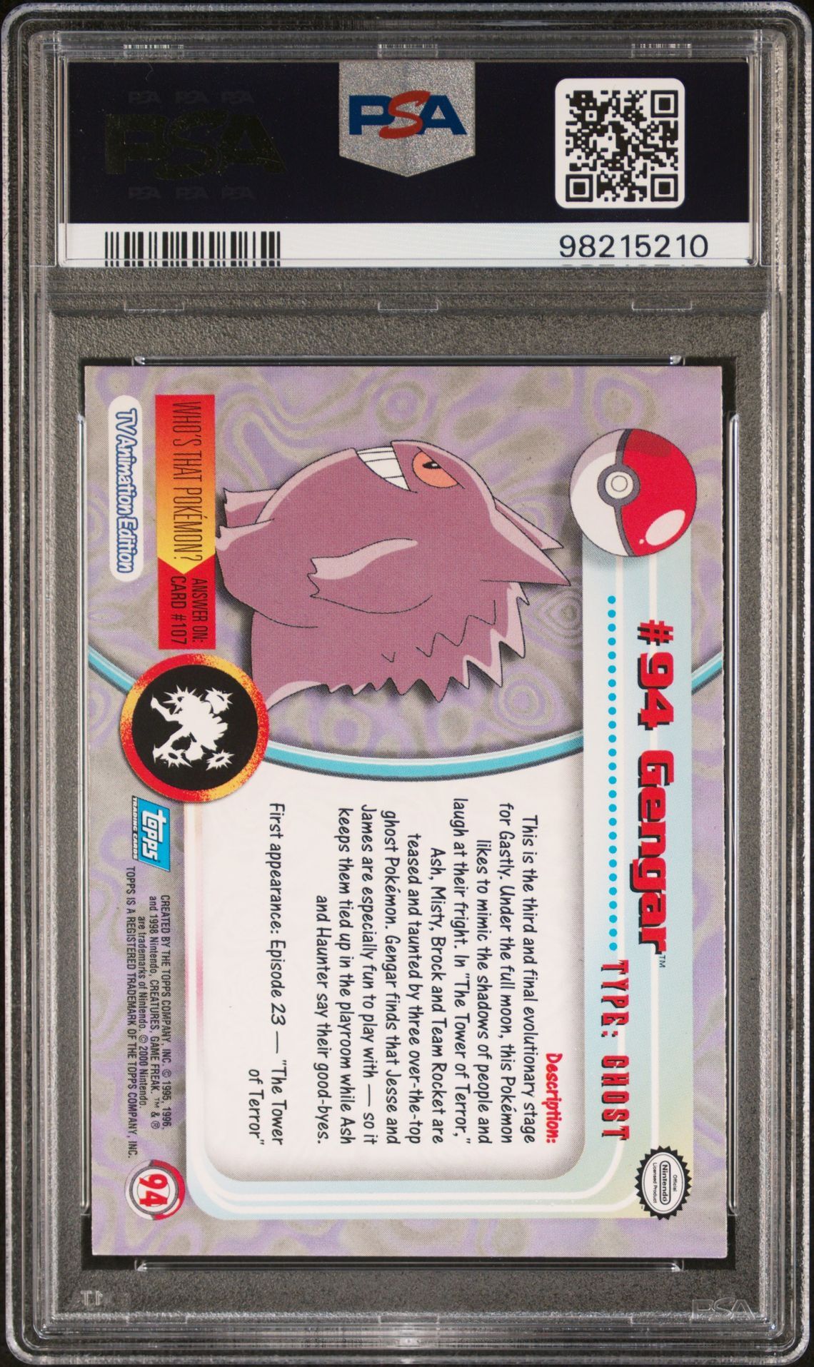 Gengar #94 - 2000 Topps Pokemon TV Animation Series 2 - PSA 7 NM - Pokémon