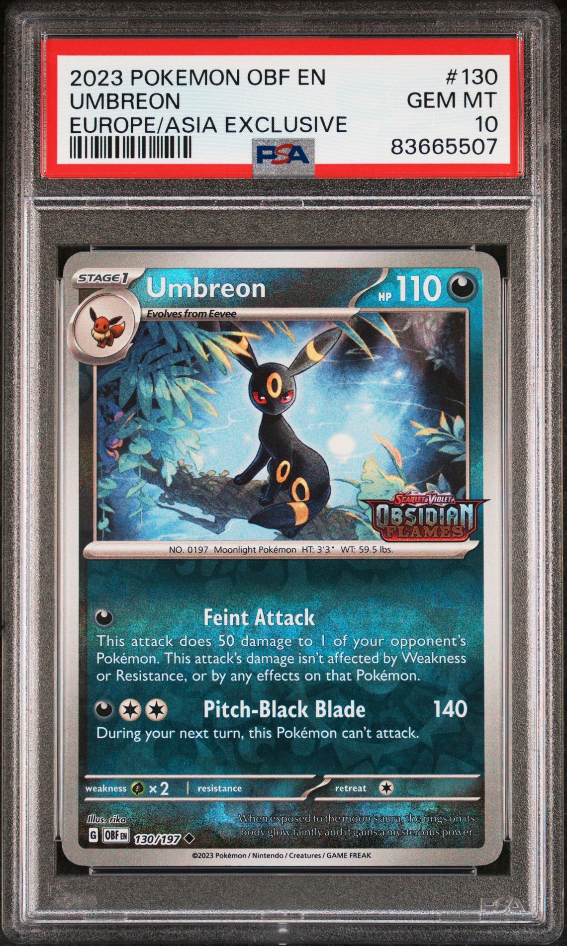 2023 POKEMON OBF EN-OBSIDIAN FLAMES 130 UMBREON EUROPE EXCLUSIVE - PSA 10 GEM-MT 2023 POKEMON OBF EN-OBSIDIAN FLAMES 130 UMBREON EUROPE EXCLUSIVE - PSA 10 GEM-MT