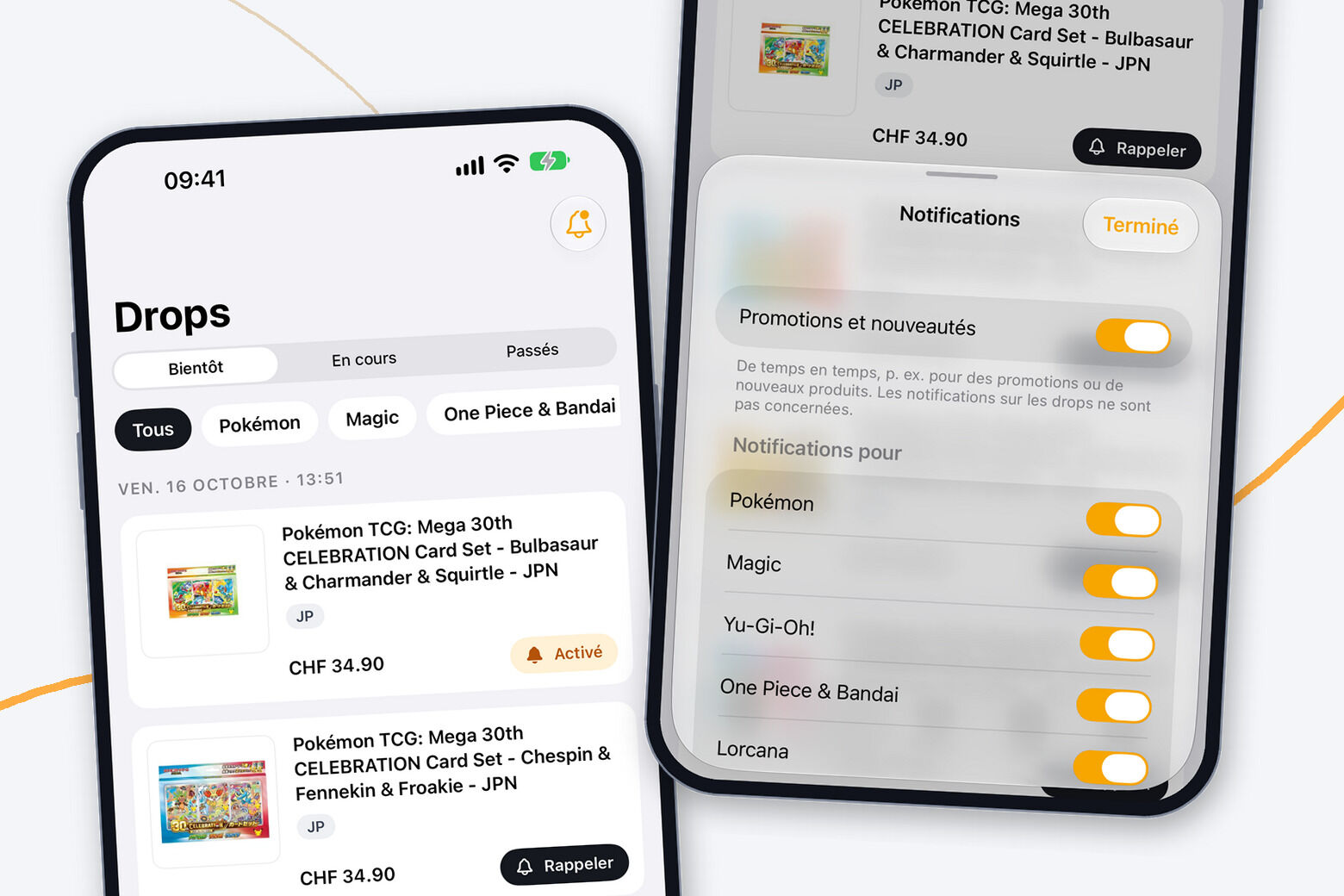 Deux iPhone avec l'app AMAZINGTOYS® : à gauche l'onglet Drops avec « Rappeler » et un rappel activé, à droite les notifications par jeu