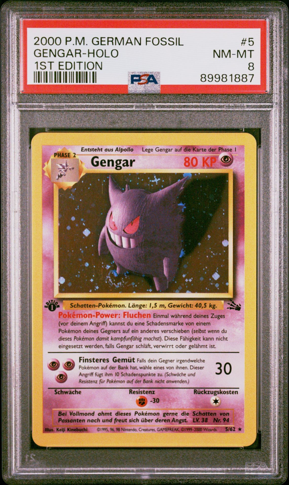 2000 POKEMON GERMAN FOSSIL 5 GENGAR-HOLO 1ST EDITION - PSA 8 NM-MT - Pokémon