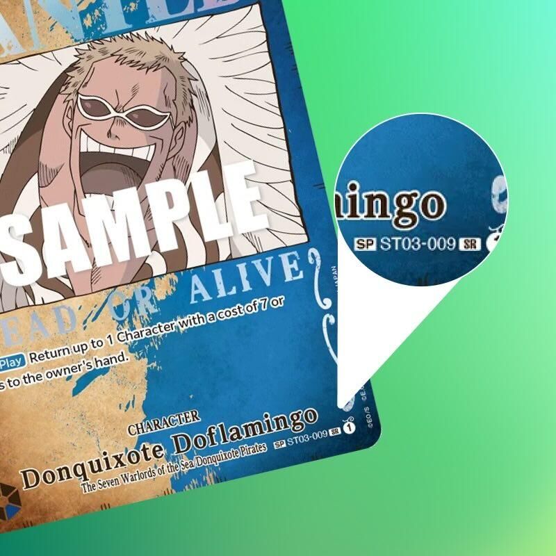 One Piece TCG Special Card Donquixote Doflamingo, Kennzeichnung SP ST03-009 SR in der Lupe hervorgehoben