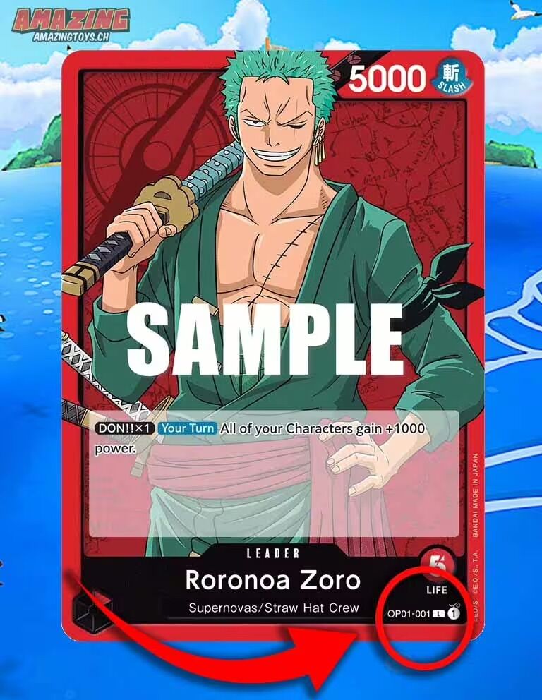 One Piece TCG Leader-Karte Roronoa Zoro mit markiertem L-Symbol
