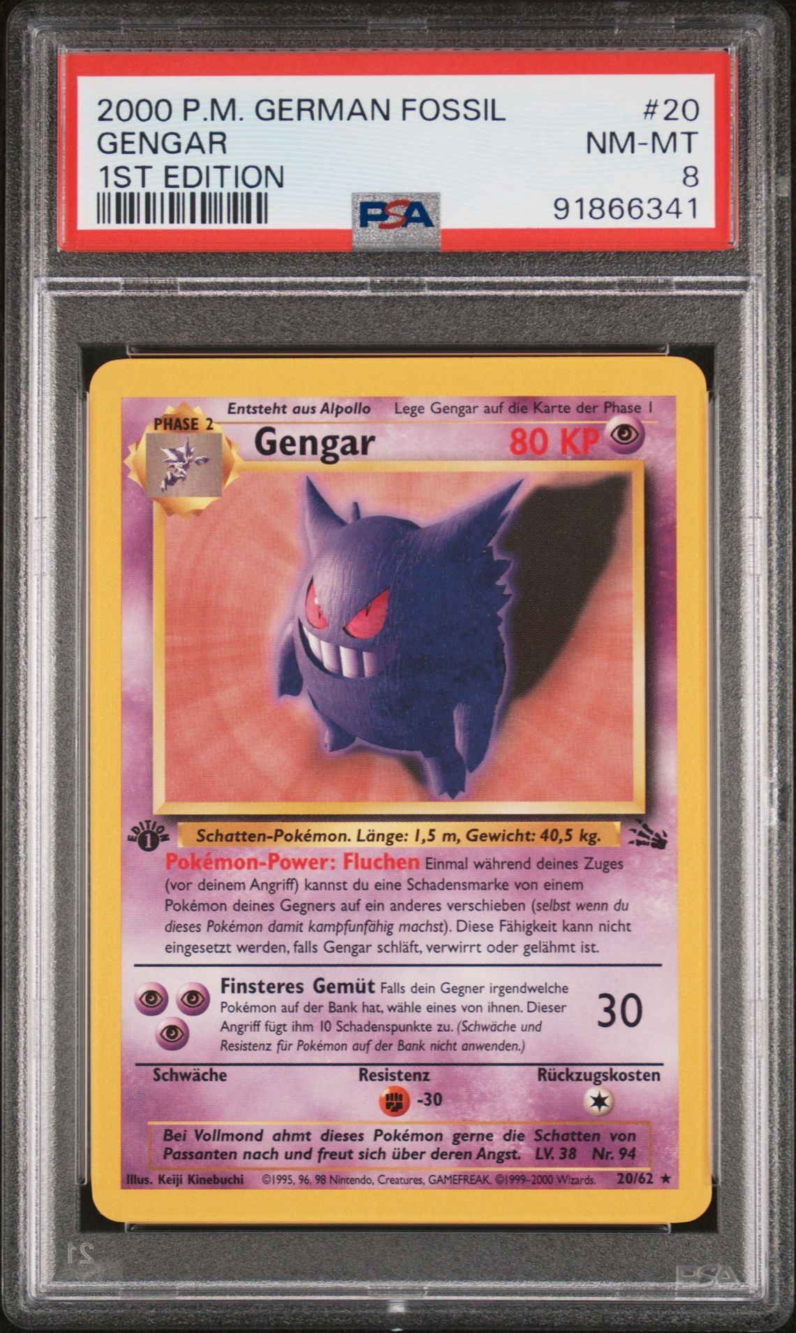 2000 POKEMON GERMAN FOSSIL 20 GENGAR 1ST EDITION - PSA 8 NM-MT - Pokémon