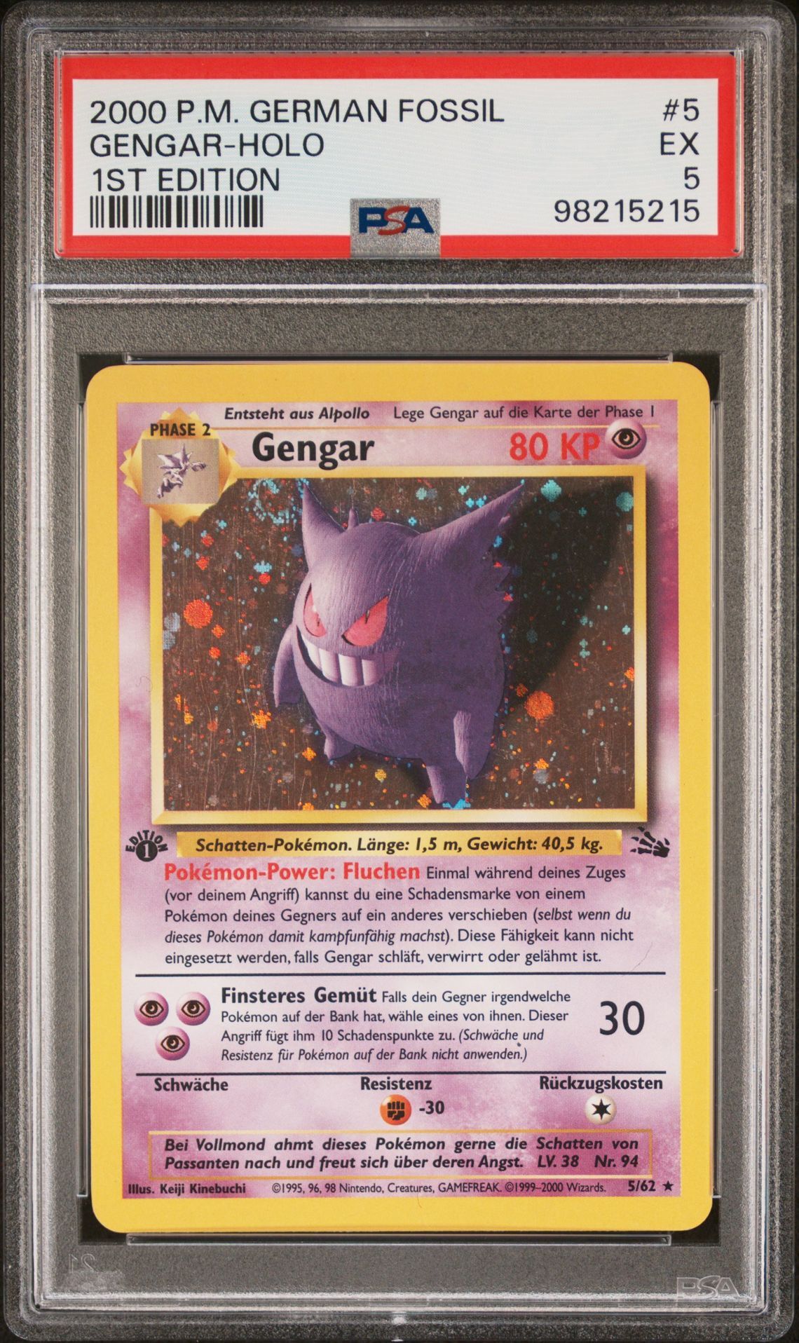2000 POKEMON GERMAN FOSSIL 5 GENGAR-HOLO 1ST EDITION - PSA 5 EX - Pokémon 2000 POKEMON GERMAN FOSSIL 5 GENGAR-HOLO 1ST EDITION - PSA 5 EX - Pokémon