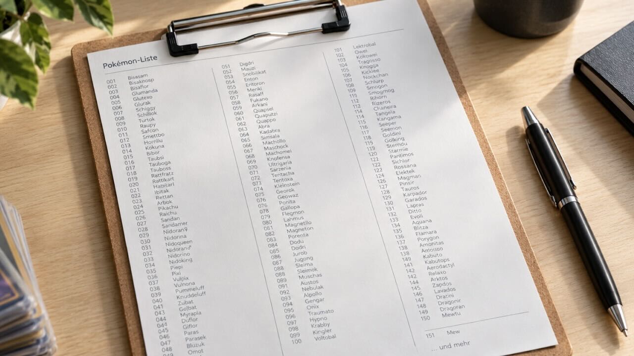 Klemmbrett mit einer Pokémon-Liste der Nummern 001 bis 151 auf einem Holztisch, Clipboard with a Pokémon list numbered 001 to 151 on a wooden table, next to a ballpoint pen