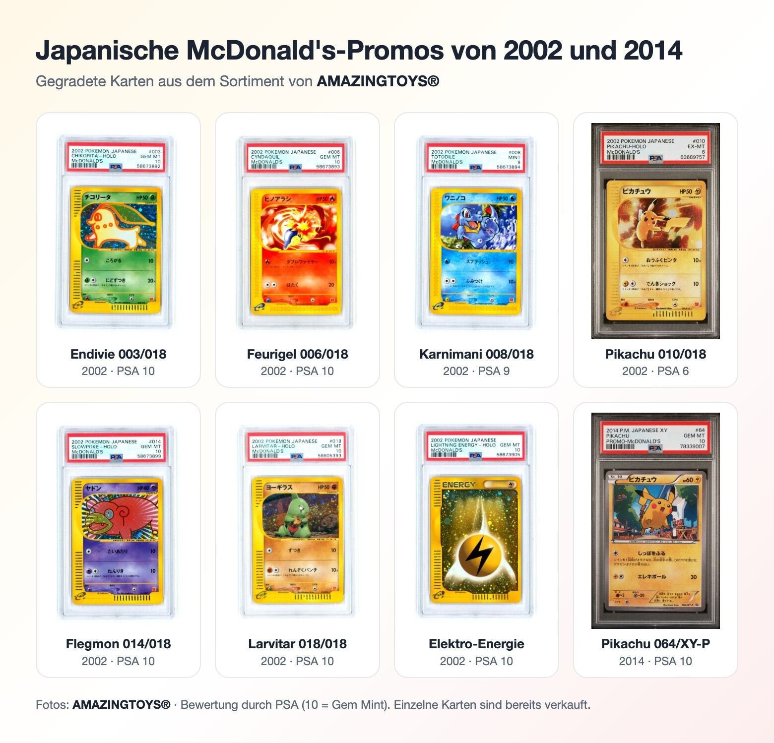 Gegradete japanische McDonald's-Promokarten von 2002 und Pikachu 064/XY-P von 2014 aus dem AMAZINGTOYS-Sortiment