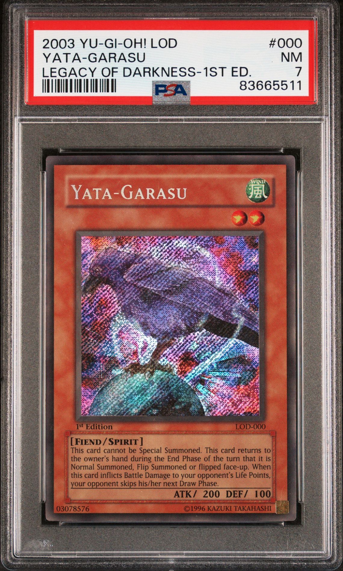 2003 YU-GI-OH! LOD-LEGACY OF DARKNESS 000 YATA-GARASU 1ST EDITION - PSA 7 NM 2003 YU-GI-OH! LOD-LEGACY OF DARKNESS 000 YATA-GARASU 1ST EDITION - PSA 7 NM