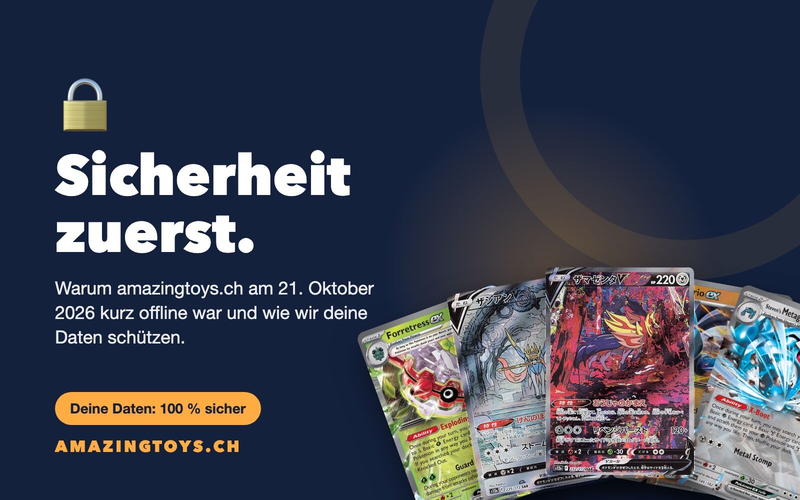 Grafik «Sicherheit zuerst» von AMAZINGTOYS® mit Schloss-Symbol zum Shop-Unterbru Grafik «Sicherheit zuerst» von AMAZINGTOYS® mit Schloss-Symbol zum Shop-Unterbruch am 21. Oktober 2026
