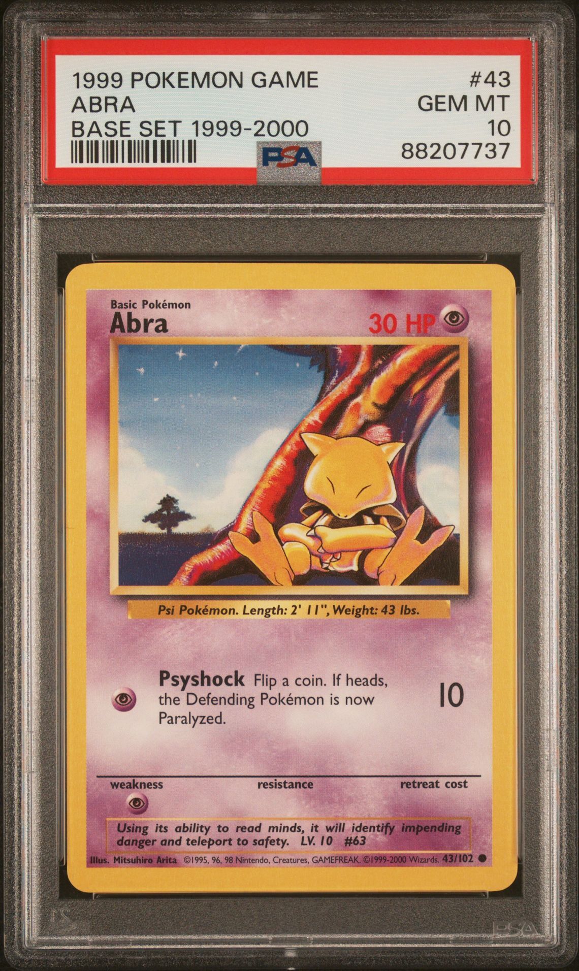 1999 POKEMON GAME 43 ABRA BASE SET 1999-2000 - PSA 10 GEM-MT - Pokémon 1999 POKEMON GAME 43 ABRA BASE SET 1999-2000 - PSA 10 GEM-MT - Pokémon