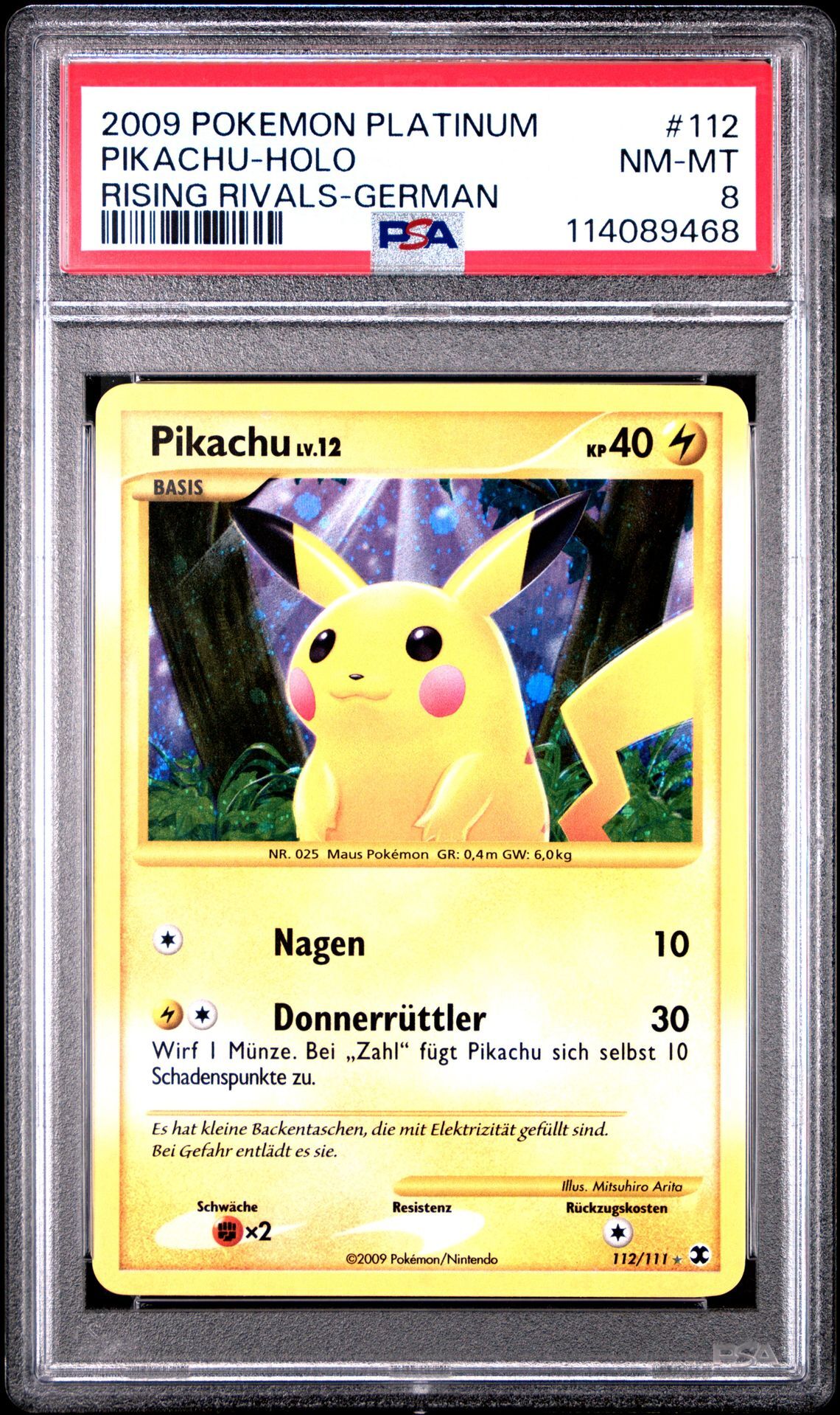 2009 POKEMON PLATINUM RISING RIVALS 112 PIKACHU-HOLO GERMAN - PSA 8 NM-MT - Pokémon