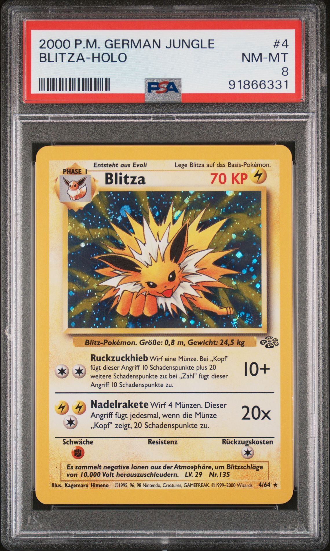 2000 POKEMON GERMAN JUNGLE 4 BLITZA-HOLO - PSA 8 NM-MT - Pokémon 2000 POKEMON GERMAN JUNGLE 4 BLITZA-HOLO - PSA 8 NM-MT - Pokémon