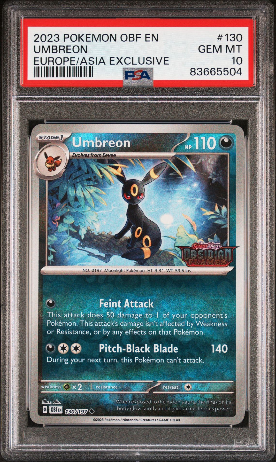 2023 POKEMON OBF EN-OBSIDIAN FLAMES 130 UMBREON EUROPE EXCLUSIVE - PSA 10 GEM-MT 2023 POKEMON OBF EN-OBSIDIAN FLAMES 130 UMBREON EUROPE EXCLUSIVE - PSA 10 GEM-MT