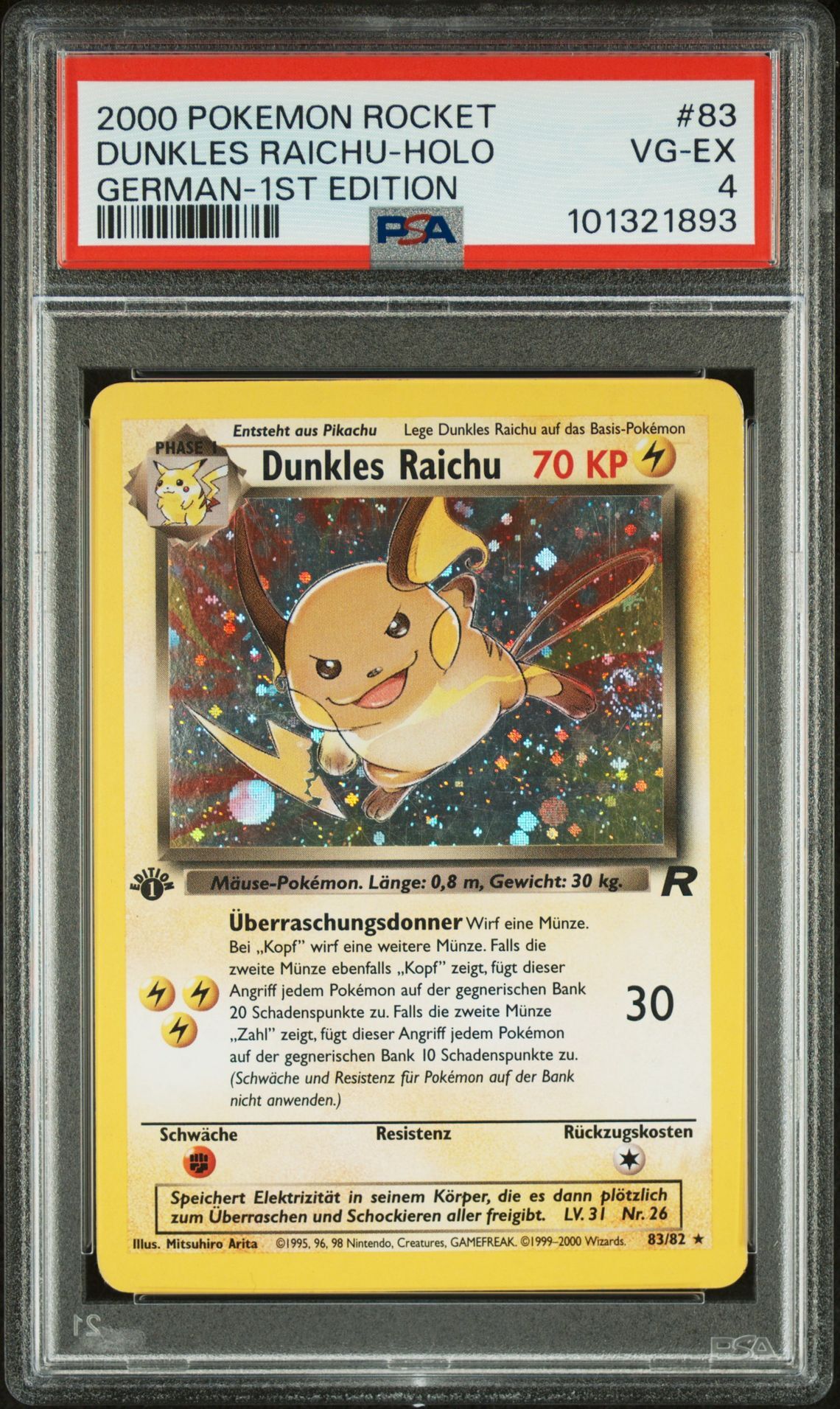 2000 POKEMON ROCKET 83 DUNKLES RAICHU-HOLO GERMAN-1ST EDITION - PSA 4 VG-EX - Pokémon
