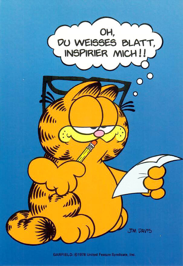 garfield_postcard_weisses_blatt Garfield Postkarte OH, DU WEISSES BLATT, INSPIRIER MICH!!