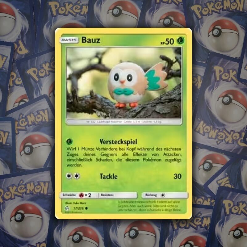 Bauz Pokémon-Karte auf Deutsch, Pflanzen-Starter der 7. Generation aus Alola Rowlet Pokémon card in German, Grass-type starter of the 7th generation from Alola