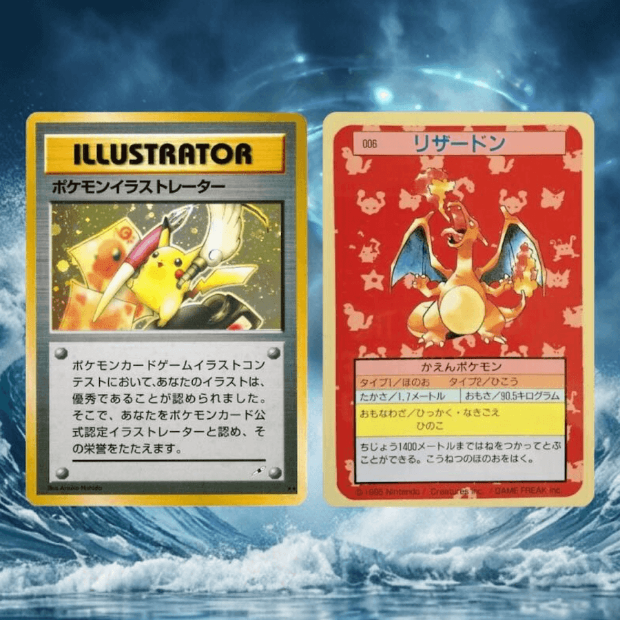 Die besten Pokémon-Karten der Welt Pikachu Illustrator und eine frühe japanische Glurak-Karte nebeneinander vor einem Himmel-Hintergrund