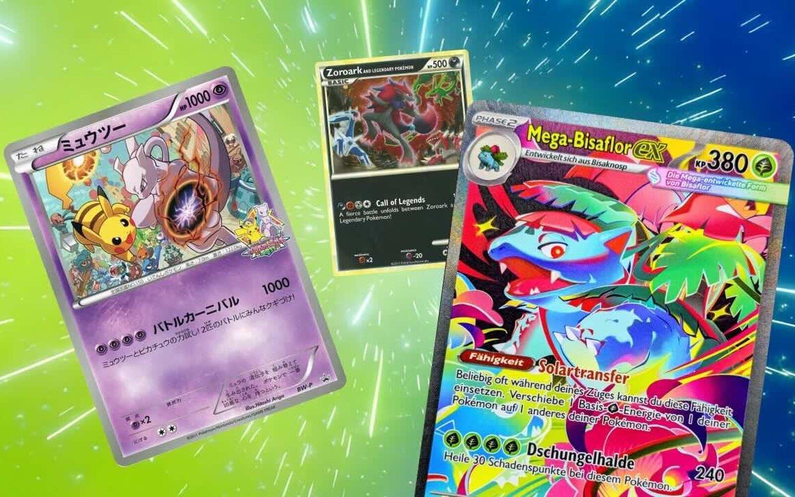 Pokémon cards Mewtwo with 1000 HP, Zoroark with 500 HP and Mega Venusaur ex with 380 HP on a green and blue background