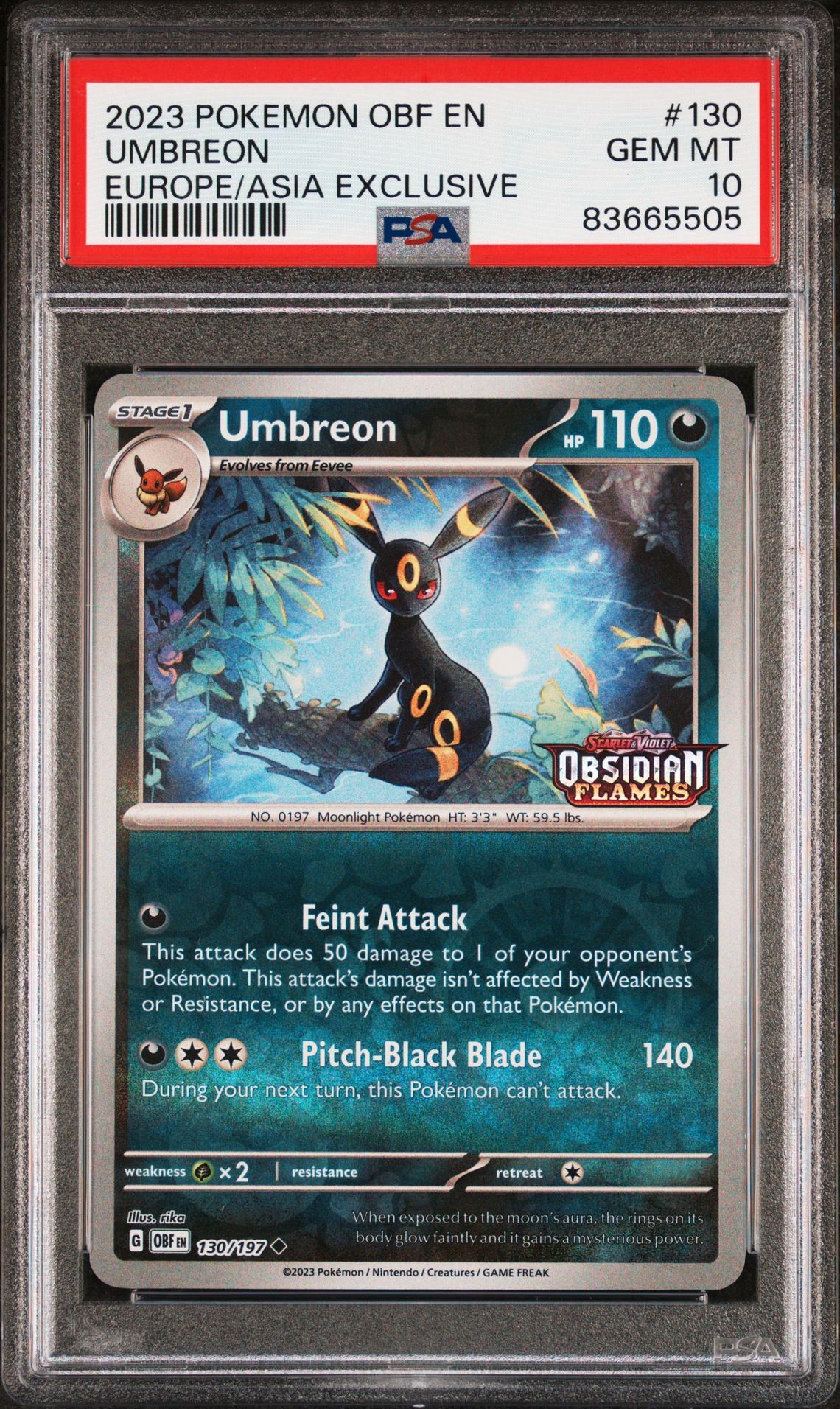 2023 POKEMON OBF EN-OBSIDIAN FLAMES 130 UMBREON EUROPE EXCLUSIVE - PSA 10 GEM-MT 2023 POKEMON OBF EN-OBSIDIAN FLAMES 130 UMBREON EUROPE EXCLUSIVE - PSA 10 GEM-MT