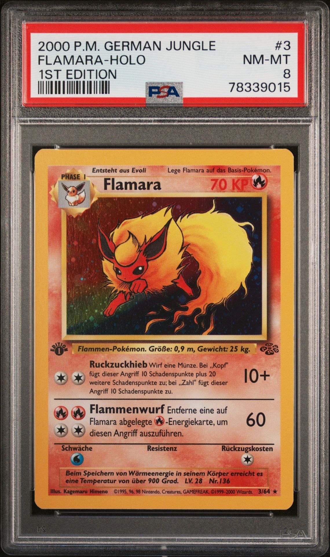 2000 POKEMON GERMAN JUNGLE 3 FLAMARA-HOLO 1ST EDITION - PSA 8 NM-MT