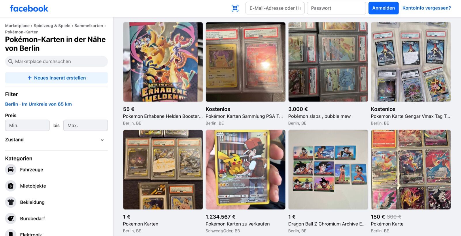 Screenshot eines Online-Marktplatzes mit zahlreichen Pokémon-Karten-Inseraten von Privatverkäufern