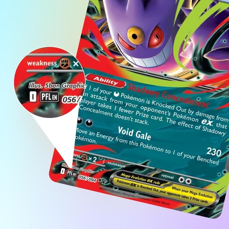 Pokémon-Karte Mega Gengar ex mit vergrössertem Set-Symbol und Kartennummer PFL 056/094 in der linken unteren Ecke