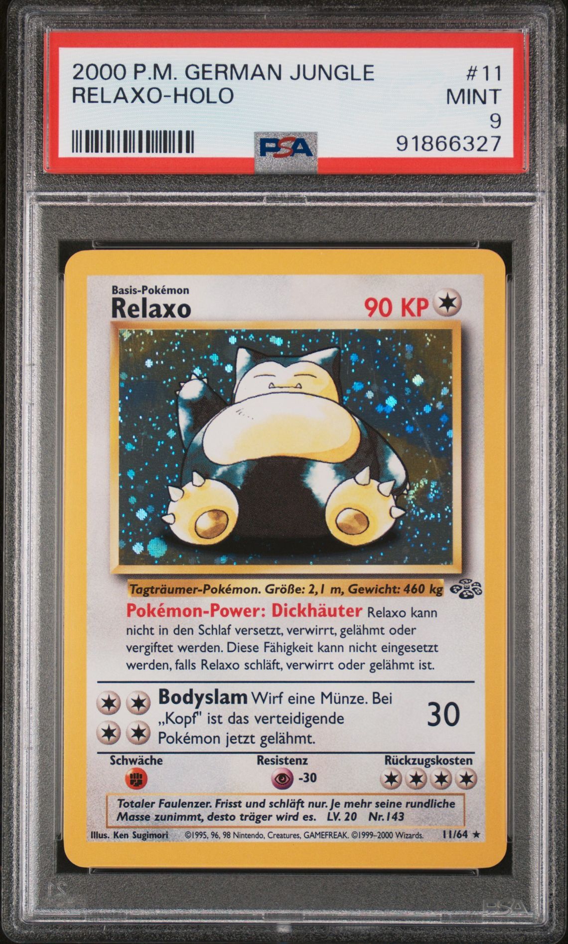 2000 POKEMON GERMAN JUNGLE 11 RELAXO-HOLO - PSA 9 MINT - Pokémon 2000 POKEMON GERMAN JUNGLE 11 RELAXO-HOLO - PSA 9 MINT - Pokémon