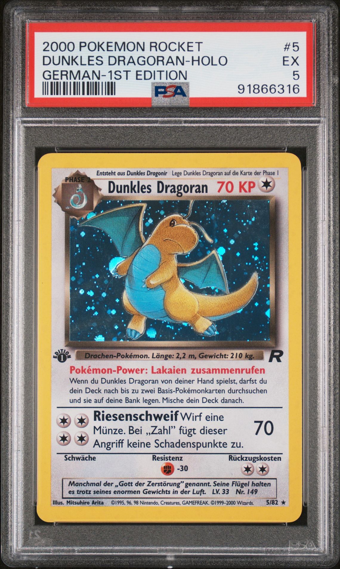 2000 POKEMON ROCKET 5 DUNKLES DRAGORAN-HOLO GERMAN-1ST EDITION - PSA 5 EX - Pokémon