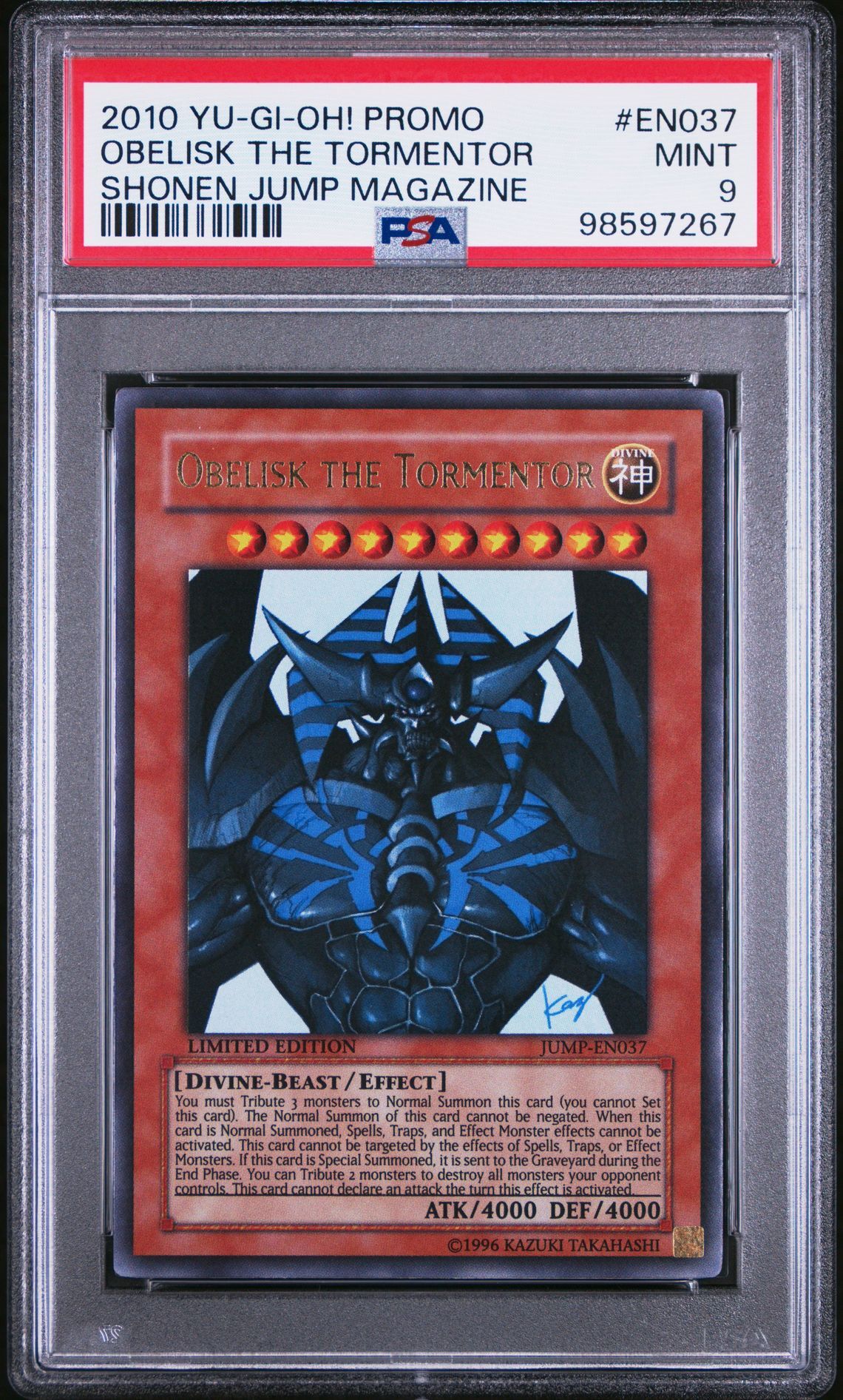 2010 YU-GI-OH! PROMO SHONEN JUMP MAGAZINE EN037 OBELISK THE TORMENTOR - PSA 9 MINT - Yu-Gi-Oh! 2010 YU-GI-OH! PROMO SHONEN JUMP MAGAZINE EN037 OBELISK THE TORMENTOR - PSA 9 MINT - Yu-Gi-Oh!