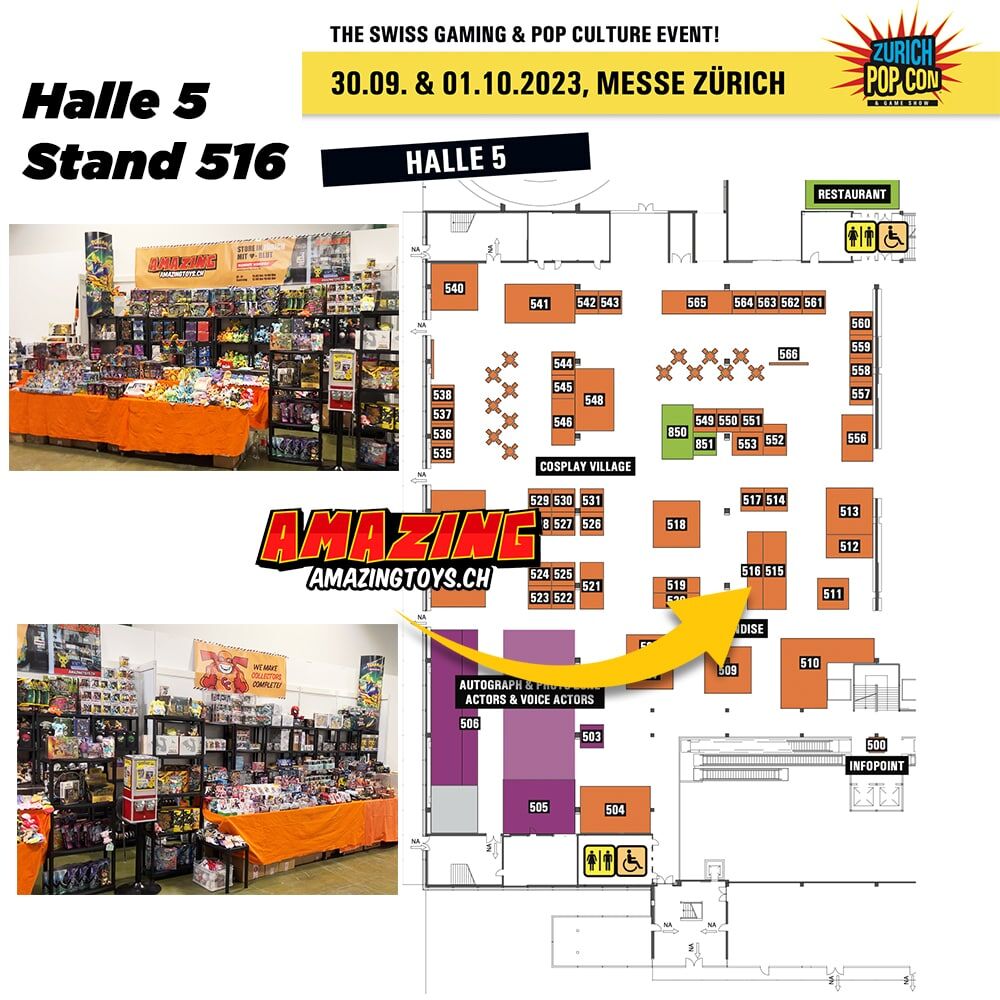 Zürich Pop Con 2023 x AMAZINGTOYS® Hallenplan der Zürich Pop Con 2023 mit Fotos vom AMAZINGTOYS® Stand 516 in Halle 5