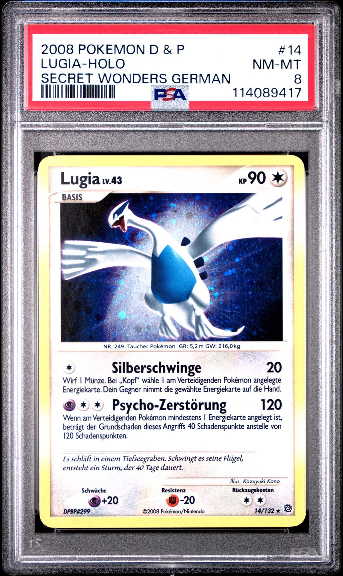 2008 POKEMON GERMAN DIAMOND & PEARL SECRET WONDERS 14 LUGIA-HOLO - PSA 8 NM-MT - Pokémon