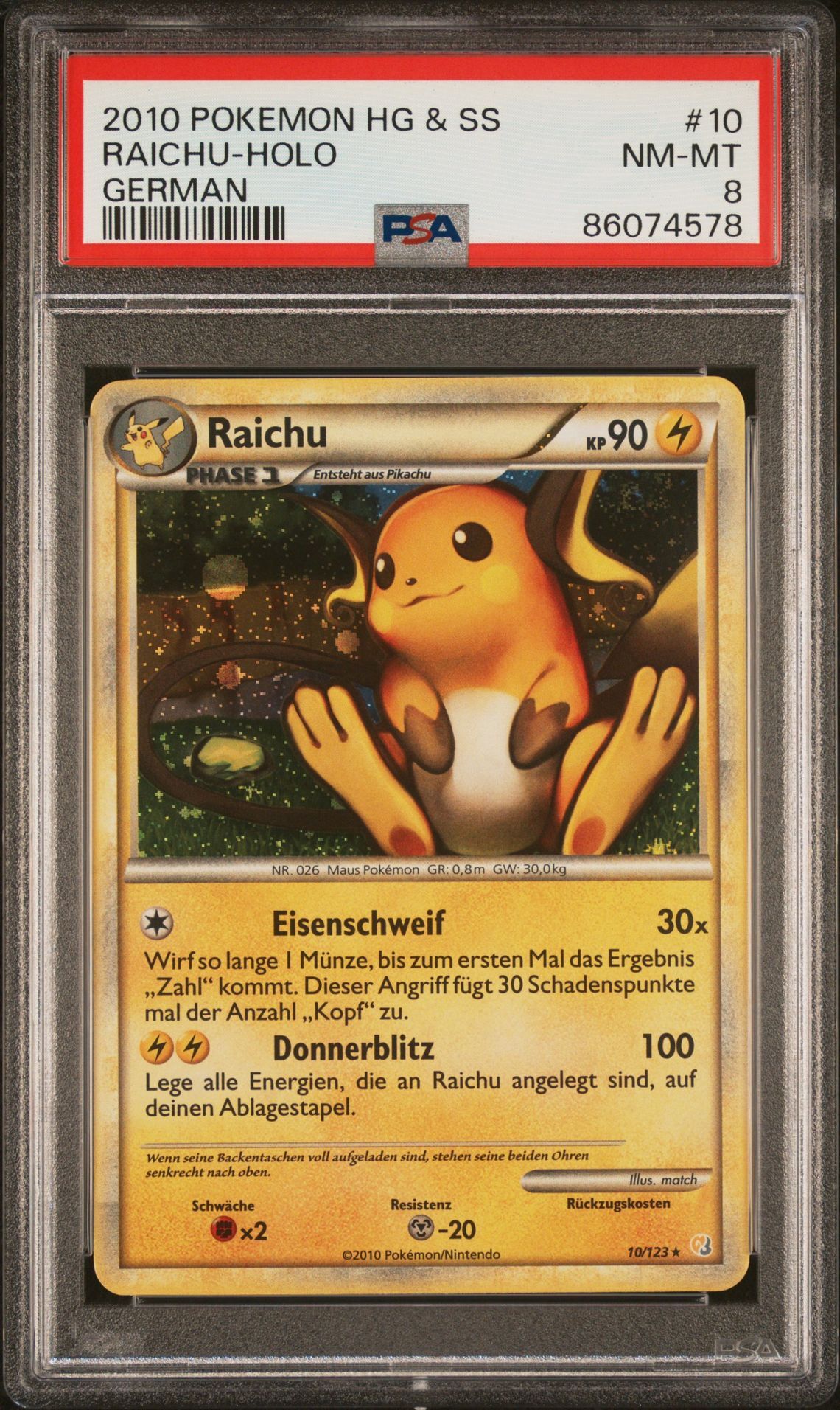 2010 POKEMON HEARTGOLD & SOULSILVER 10 RAICHU-HOLO GERMAN - PSA 8 NM-MT 2010 POKEMON HEARTGOLD & SOULSILVER 10 RAICHU-HOLO GERMAN - PSA 8 NM-MT