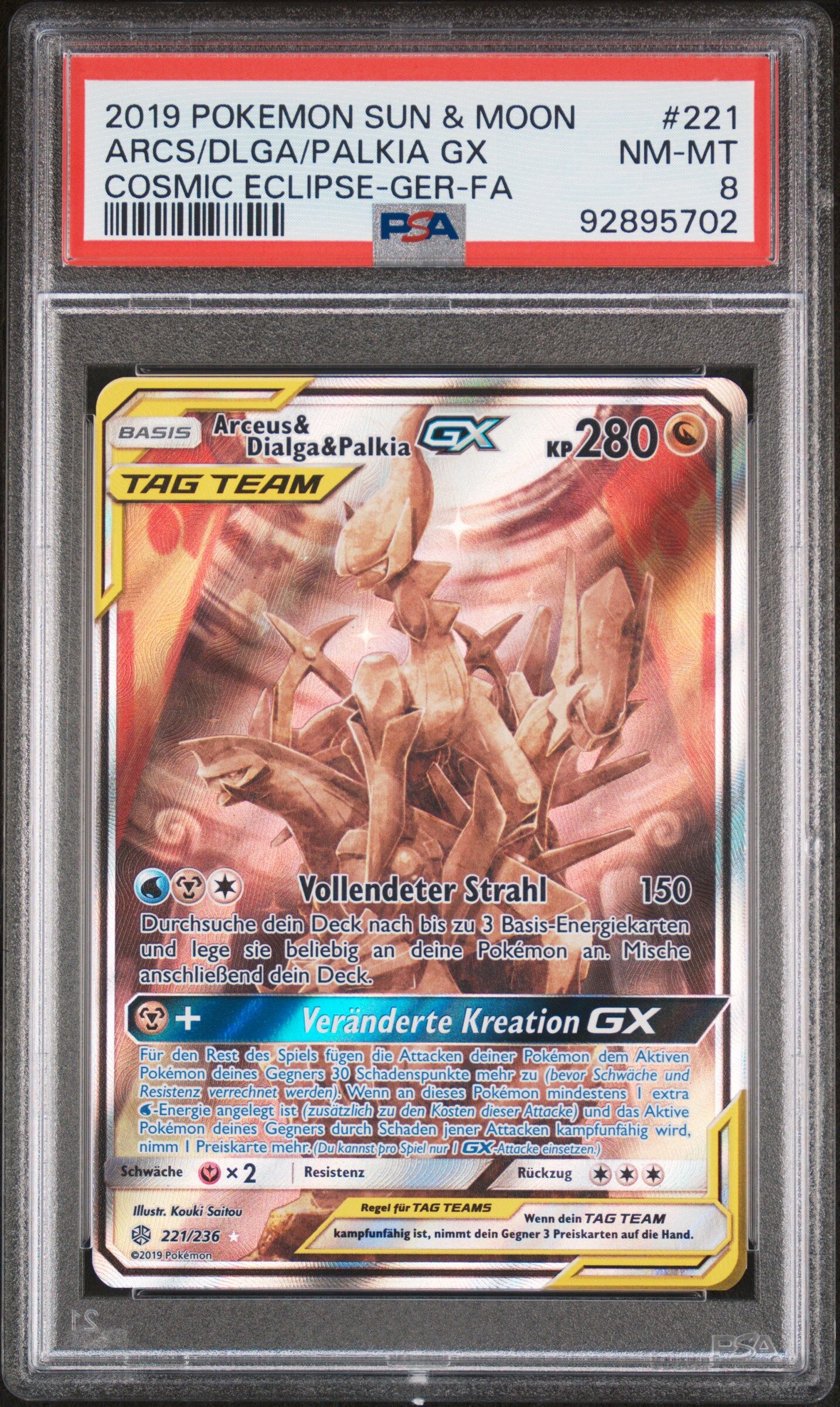 2019 POKEMON SUN & MOON COSMIC ECLIPSE 221 FULL ART/ARCEUS & DIALGA & PALKIA GX GERMAN - PSA 8 NM-MT - Pokémon 2019 POKEMON SUN & MOON COSMIC ECLIPSE 221 FULL ART/ARCEUS & DIALGA & PALKIA GX GERMAN - PSA 8 NM-MT - Pokémon