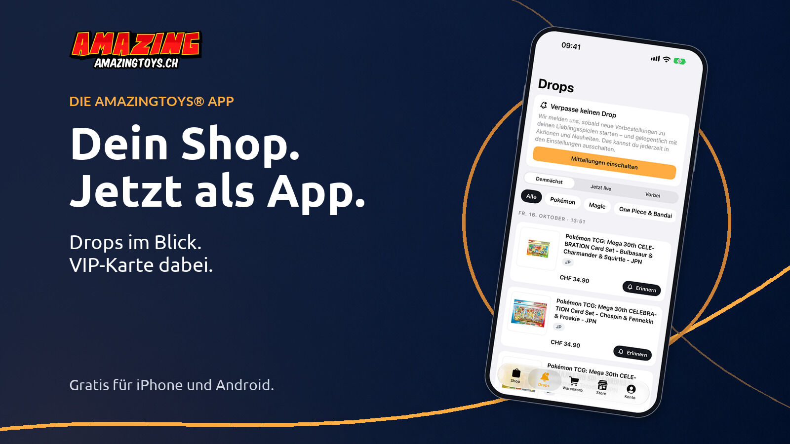 Geneigtes iPhone mit der echten Drops-Ansicht der AMAZINGTOYS®-App auf Navy, daneben «Dein Shop. Jetzt als App.»