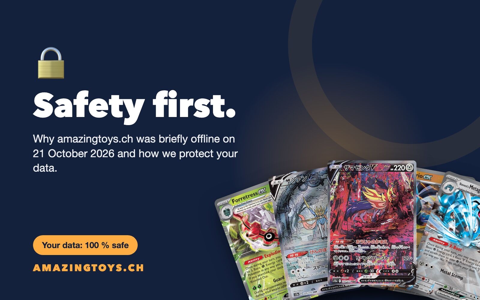 AMAZINGTOYS® «Safety first» graphic with a padlock and Pokémon cards about the s AMAZINGTOYS® «Safety first» graphic with a padlock and Pokémon cards about the shop interruption on 21 October 2026