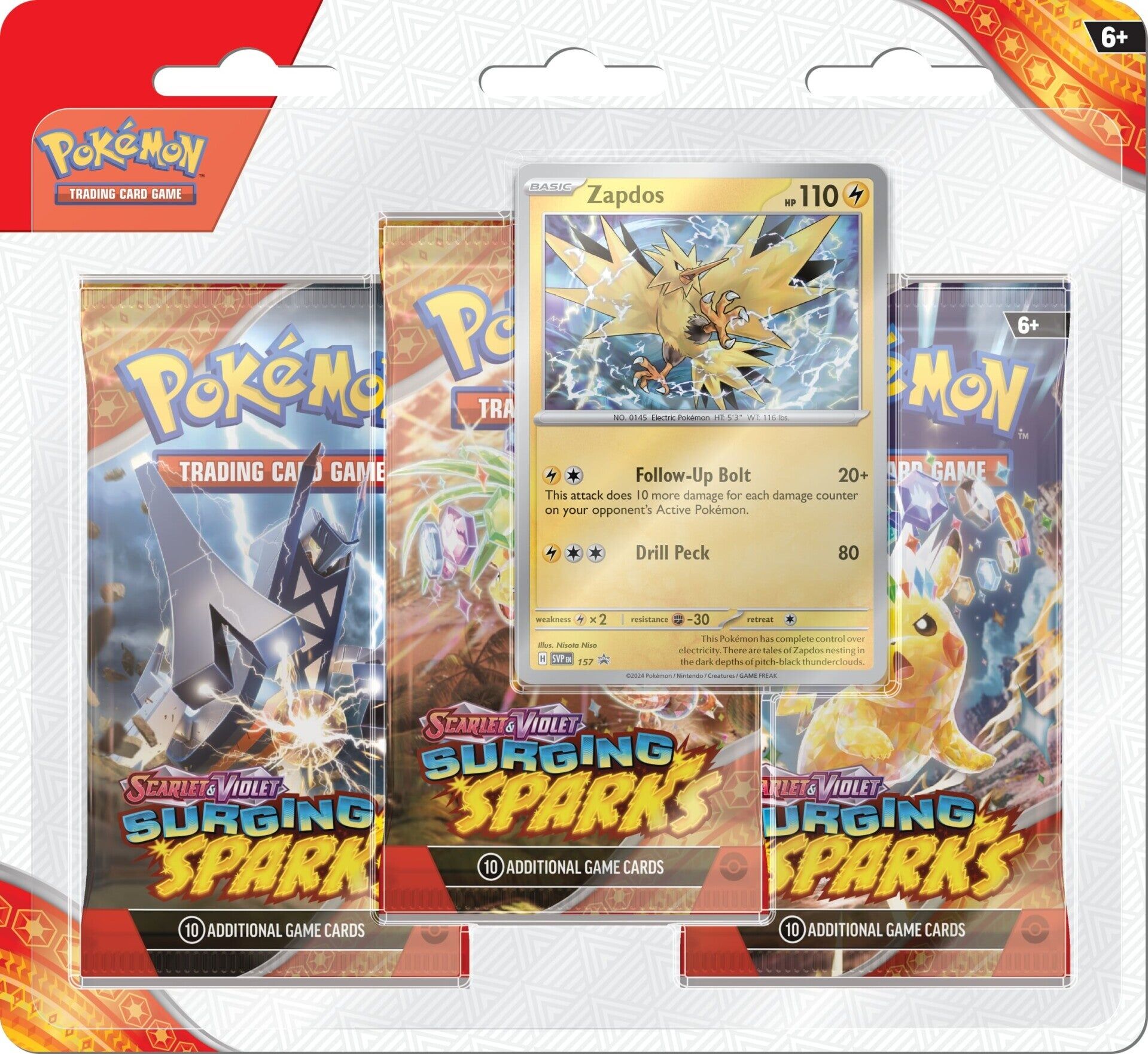 Pokémon TCG: Scarlet & Violet - Surging Sparks (SVO8) Zapdos 3-Pack Blisters - EN Pokémon TCG: Scarlet & Violet - Surging Sparks (SVO8) Zapdos 3-Pack Blisters - EN